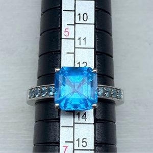 Square Emerald Cut Blue Topaz w/Aquamarine Gemstones Sterling Ring